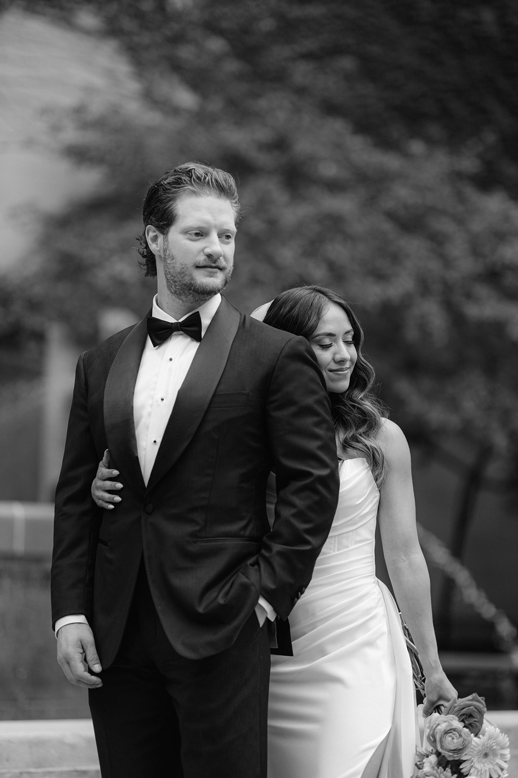 Black and white wedding portrait of the bride and groom at The Ivy Room in Chicago, captured in a timeless documentary style